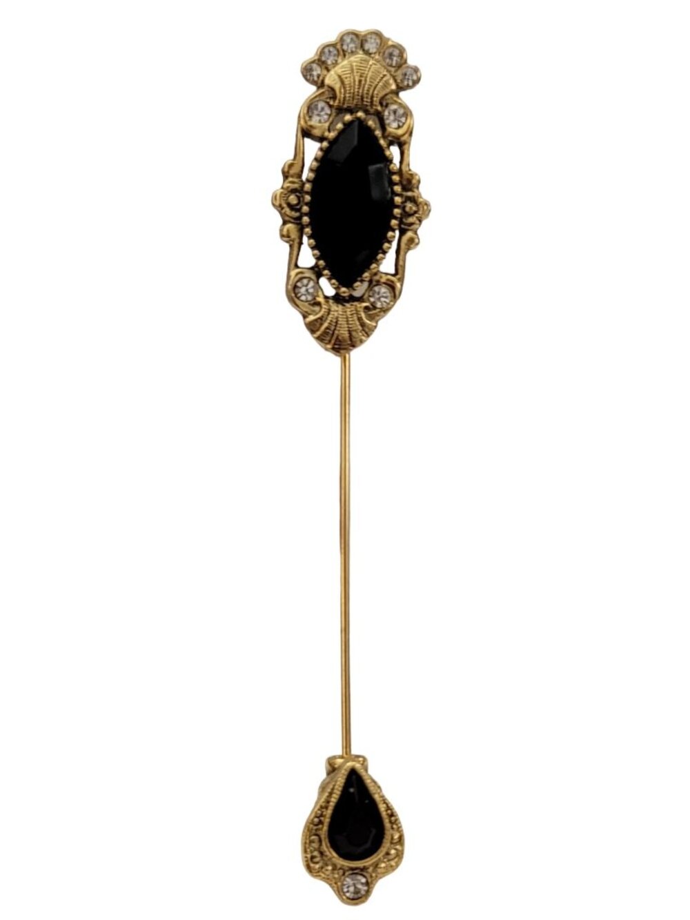 1928 Brand Black Clear Glass Rhinestone Ornate Matching Cap Lapel Stick Pin K340